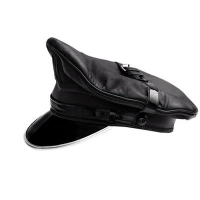 Image of N? Genuine Leather Black Army Muir Biker Silver Trim Peak Police Military Cap (Large)