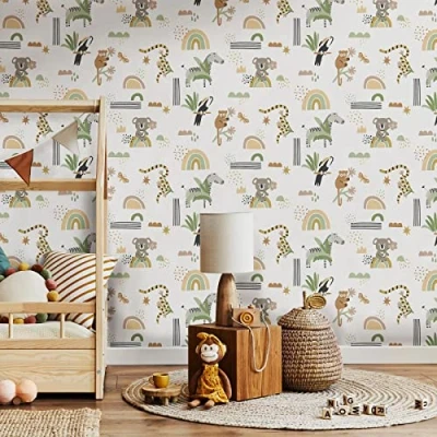 Image of Holden Abstract Animals Wallpaper Kids Nursery Sage Green/Beige/White 13351