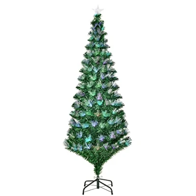 Image of HOMCOM 6FT Multicoloured Artificial Christmas Tree w/Fibre Optic Lights Pre Lit Modes Metal Stand Star Holder Home Seasonal Decoration
