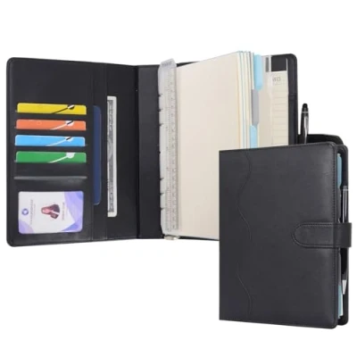 Image of Wason A5 Diary Leather PU Lined Notebook Refillable Paper Journal, Removable Ring Binder Portfolio with Clipboard Writing Notepad and Pen for Travel Business School Agenda Organizer (Black)