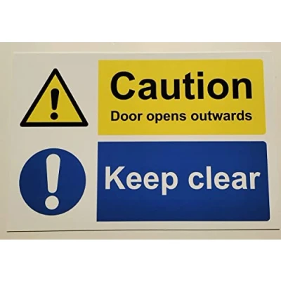 Image of Caution door opens outwards keep clear safety sign Self adhesive sticker (200mm x 150mm)