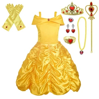Image of Lito Angels Beauty and the Beast Costume Princess Belle Iconic Fancy Dress Up Gold Gown with Accessories for Kids Girls Age 8 9 Years