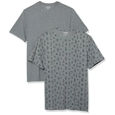 Image of Amazon Essentials Men&#039;s T Shirt Regular Fit Short Sleeve Crewneck, Pack of 2, Cactus/Grey Heather, XS