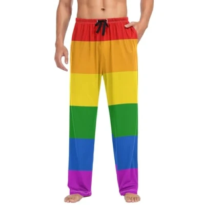 Image of Mens Pyjama Bottoms LGBT Gay Pride Rainbow Peace Love Pyjamas Loungewear 100% Cotton Trouser Nightwear PJs Pants for Men Boys