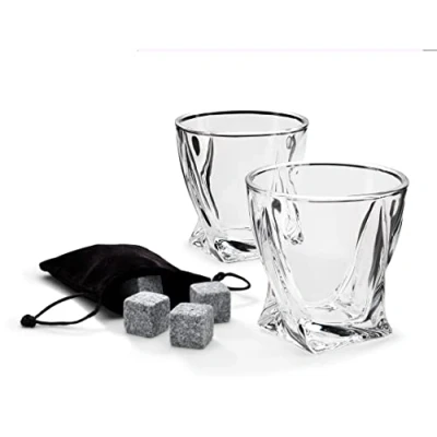 Image of Menkind Twisted Glasses and Ice Stones Dual Set Duo Ornate Quirky Whiskey Tumblers Natural Reusable Cubes