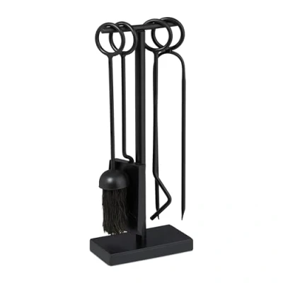 Image of Relaxdays Fireplace Cutlery, 5 Pieces, Poker, Ash Shovel, Broom, Tongs &amp; Stand, Oven Set, Iron, Black, 90% 10% Coconut, TLG