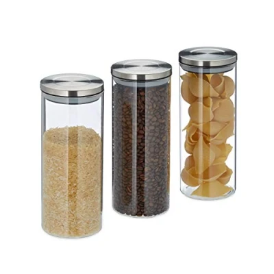 Image of Relaxdays 10028000 Storage Jars Set of 3, 1.5 L, Airtight, Stainless Steel Lids, Food Containers, Pasta, Rice, Glass, Silicone, Transparent Silver