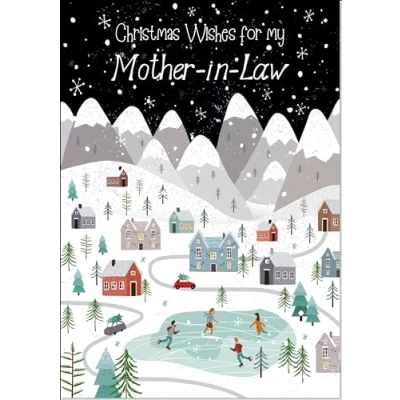 Image of doodlecards Mother in Law Christmas Card Mountain Scene Snowy Village Large A4 Size for with Plain Envelope