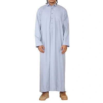 Image of TruClothing Mens Thobe Jubba Turn Down Collar Islamic Muslim Cotton Kaftan Dress Robe Arabic Light blue M 54