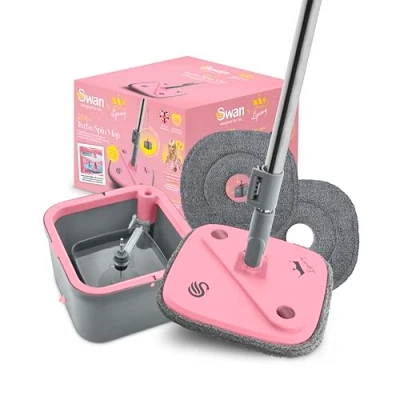Image of Swan x Lynsey SWFC1002QOCN Turbo Spin Mop with Rinse and Wring 360 Cycle, Two 2.5L Water Tanks, Collapsible Handle, Microfibre Pad Machine Washable Heads, Pink Grey