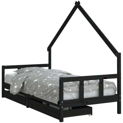 Image of vidaXL Kids Bed Frame with Drawers Black 90x200 cm Solid Wood Pine