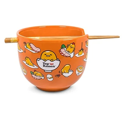 Image of Silver Buffalo Sanrio Gudetama Japanese Top Ramen Dinnerware Set 20 Ounce Bowl, Chopsticks