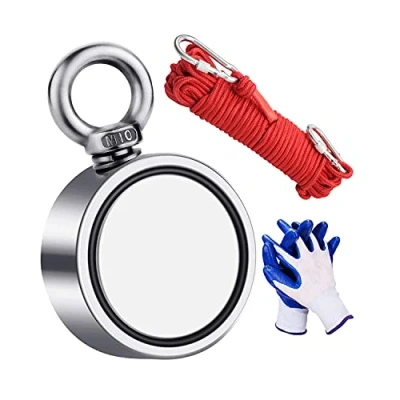 Image of Magnet Fishing Kit 1000 lb (454 kg) Pulling Force Double Sided Strong Neodymium With Rope and Gloves for Salvage in River 75mm Diameter