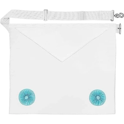 Image of THE MASONIC COLLECTION Craft Fellow 2nd Degree Imitation Leather Apron White Colour with Blue Rosettes Large Pocket &amp; Adjustable Belt Gift Accessory For Freemason Men