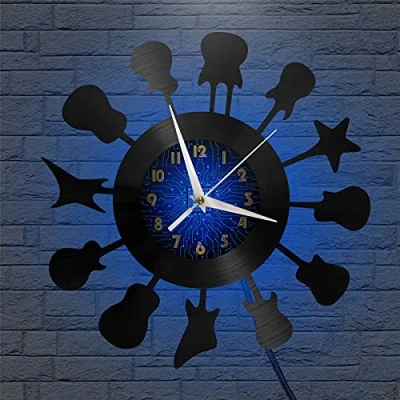 Image of Guitar musical instrument theme Vinyl Record vintage Wall Clock for Kitchen(B,with LED)