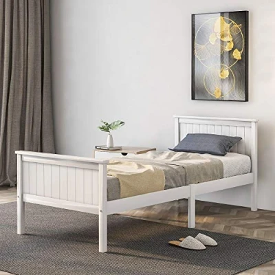 Image of Merax 3ft Single Bed, Space saving and Elegant, 11 Thickened Wooden Slats, Solid Bed Frame with Rectangular Headboard Footboard for Adults, Kids Teenagers, 90x190cm, Ivory