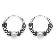Image of Sterling Silver 925 Bali Ball 12 mm Hoop Sleeper Earrings