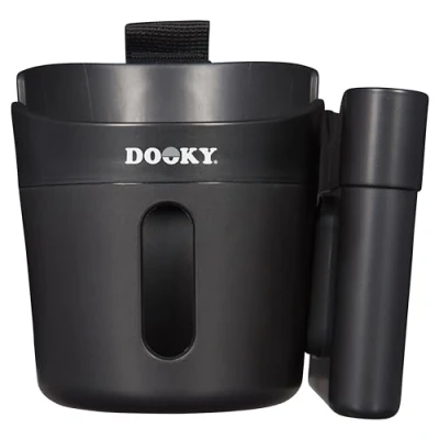 Image of Dooky 2 in 1 Cup and Phone holder for Pram, Anti Slip Rubber Padded Layer Extra Stability, Universal Fit, Adjustable Velcro Strap, 360 Degree Flexibility, BPA Free, Unbreakable, Shockproof, Black