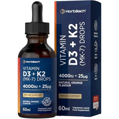 Image of Vitamin D3 K2 Drops 60mL High Strength 4000iu and 25ug Bone Immune Support Suitable for Vegetarians by Horbaach