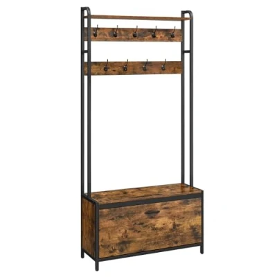 Image of VASAGLE Coat Rack with Shoe Storage, Hall Tree Bench, 9 Hooks and Top Shelf, for Hallway, Bedroom, Industrial Style, Rustic Brown Black HSR405B01