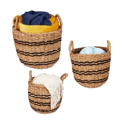 Image of Relaxdays Basket, Set of 3, in 3 Sizes, Bathroom &amp; Nursery Storage Boxes, with Handles, Seagrass, Natural/Black, Plant fibre, 35 x cm