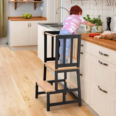Image of COSYLAND Kitchen Nursery Step Stool for Kids Toddlers Children,Standing Tower Counter, Mothers&#039; Helper Learning Stool,Made of Natural Solid Bamboo Black&amp;Natural