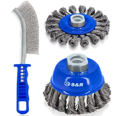 Image of S&amp;R Wire brush Set 3 Piece 1 Cup 75 mm, piece. Round 100 with twisted steel bristles, for Angle grinder, incl. Pack of 1. Scratching 255 mm.