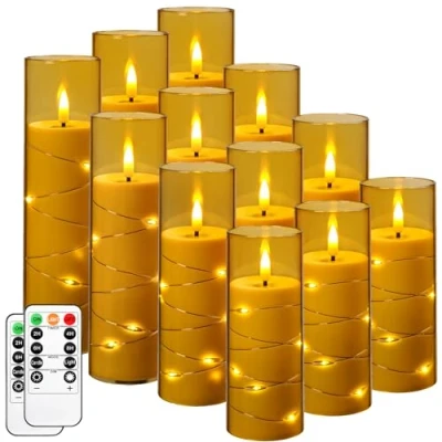 Image of Da by Flickering Flameless Candle with Embedded Star String ，Acrylic LED Pillar Candles 11 Key Remote Control and Timer，Battery Operated Candles,Golden, Set of 12，D5.5xH14/16/18/20cm