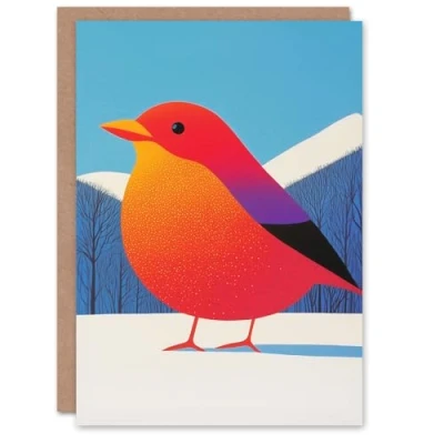 Image of Wee Blue Coo Greeting Card Funky Robin Bird In Snow Winter Landscape Modern Blank For Him Or Her Art Xmas Christmas