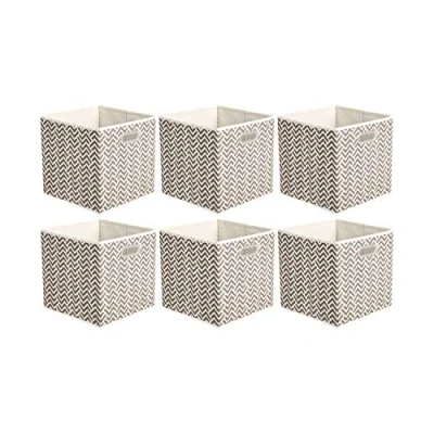 Image of Amazon Basics Collapsible Fabrid Storage Cube Organiser Bins with Oval Grommets, Pack of 6, Chevron Taupe, 26.7 x 28 cm