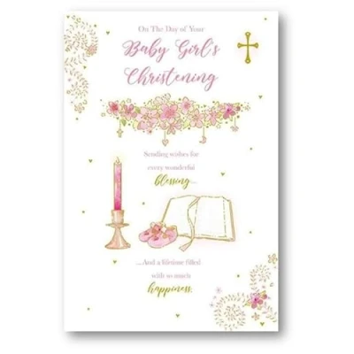 Image of Paper Rose Baby Girl&#039;s Christening Congratulations Card Pink Flowers, Candle and Bible with a Foil Finish Eco Friendly Recyclable