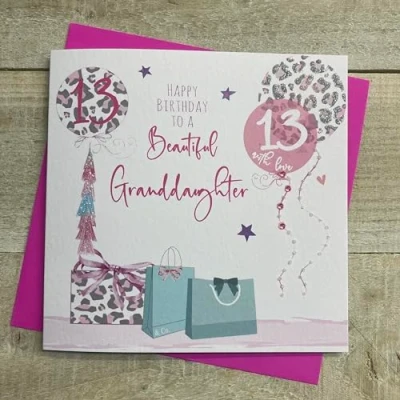 Image of WHITE COTTON CARDS GRANDDAUGHTER AGE 13 LEOPARD PRINT PRESSIES &amp; BALLOONS BIRTHDAY CARD, HAND FINISHED (S273 13)