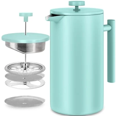 Image of KICHLY Stainless Steel French Press Double Wall Coffee Plunger &amp; Tea Maker (Sky Blue, 1.0 Litre (Pack of 1))