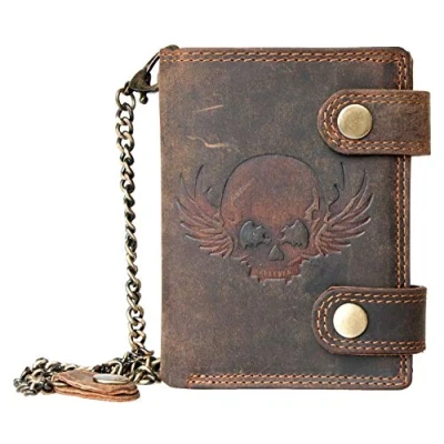 Image of FLW Wild Strong Genuine Leather Biker&#039;s Wallet with a Skull Chain RFID, Brown, One Size, Rfid