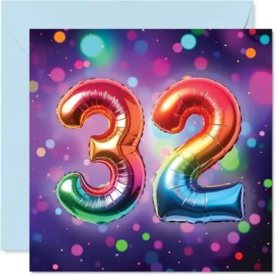 Image of 32nd Birthday Cards for Men Women Rainbow Foil Balloon Happy Card 32 Year Old Man Woman Friend Neighbour Brother Colleague, 145mm Bday Greeting