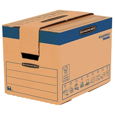 Image of 5 BANKERS BOX SmoothMove Heavy Duty Double Wall 37.5 Litre Cardboard Moving and Storage Boxes with Handles Tape Free Assembly FastFold Automatic Pop Up Set Up, 30 x 40.5 cm (5 Pack), Brown, Small