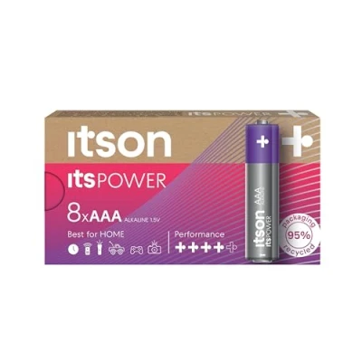 Image of ITSON, AAA batteries, pack of 8, eco friendly packaging 95 Percentage recycled materials, for clocks, torches, remote controls, made in EU
