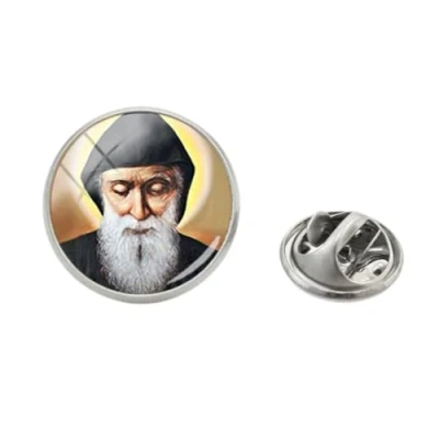 Image of New Saint Charbel Clasp Pin Stainless Steel St Drawing Art Lapel Glass Dome Handmade Jewelry
