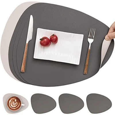 Image of Myir JUN Leather Table Mats and Coasters, Placemat Round PU Waterproof Dual Sided Kitchen Place Coffee Non Slip Washable Placemats Coaster Sets 4 (Set of 4, Gray White)