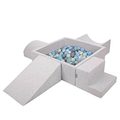 Image of KiddyMoon Foam Playground For Kids With Square Ballpit (200 Balls ∅ 7Cm/2.75In) Soft Obstacles Course And Ball Pool Made In EU, Lightgrey:Pearl/Grey/Transparent/Powderpink
