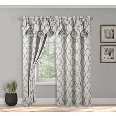 Image of Elegant Comfort Jacquard Look Curtain Panel Set with Attached Waterfall Valance, (Set of 2), 54 x 84 Inches, Quatrefoil Pattern, Silver Grey