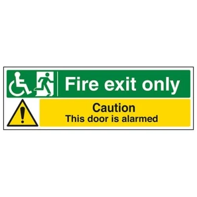 Image of VSafety Wheel Chair Fire Exit Only/Door Alarmed Sign Landscape 450mm x 150mm Self Adhesive Vinyl