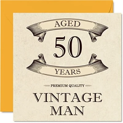 Image of Vintage 50th Birthday Cards for Men Aged 50 Years Fun Card Colleague Dad Husband Boyfriend Uncle Brother Friend, 145mm x Greeting Cards,