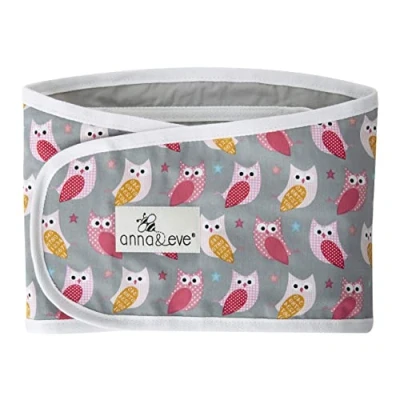 Image of Anna &amp; Eve Swaddle Strap, Adjustable Arms Only Baby Swaddle, 100% Cotton, Prevents Overheating Large Size Fits Chest 16 to 20.5 Owls Grey/Pink