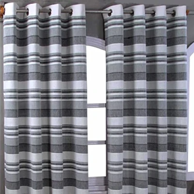 Image of HOMESCAPES 1 Pair of Morocco Ribbed Stripe Curtains 100% Cotton Ring Top (167 x 228 cm (66&quot; 90&quot; Drop), Monochrome)