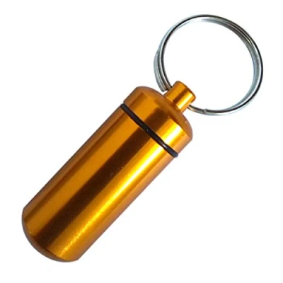 Image of AllCachedUp Waterproof Aluminium Capsule Emergency Pill Money or ID container holder Keyring (Gold)