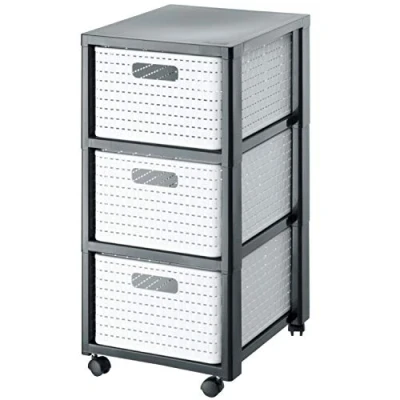 Image of Rotho, Country, Rolling container with 3 drawers in rattan look, Plastic (PP) BPA , white, x A4/18l (37,5 32,5 71,2 cm)