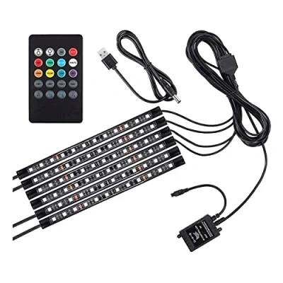Image of Justech Car LED Strip Lights 6PCS 72LEDs Multicolor Music Interior Atmosphere RGB SMD Mood with Sound Active Function and Wireless Remote Control for TV Home USB Port