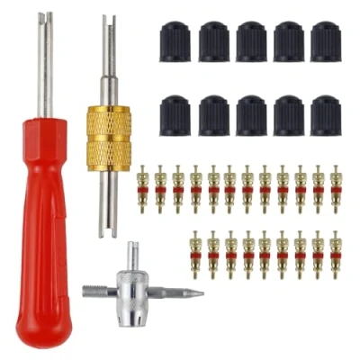 Image of 33 Pcs Car Tyre Valve Removal Tool Set, Repair Kit, Dual &amp; Single Head Core Remover, 4 Way Tool, 10 Tire Caps, 20Pcs Cores, Fit for Bicycle Auto