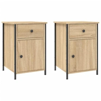 Image of vidaXL 2 Piece Bedside Cabinet Set in Sonoma Oak Industrial Style Bedroom Storage with Adjustable Height and Iron Frame
